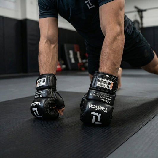 Sporter traint op de mat met zwarte Tactical Fightwear MMA-handschoenen