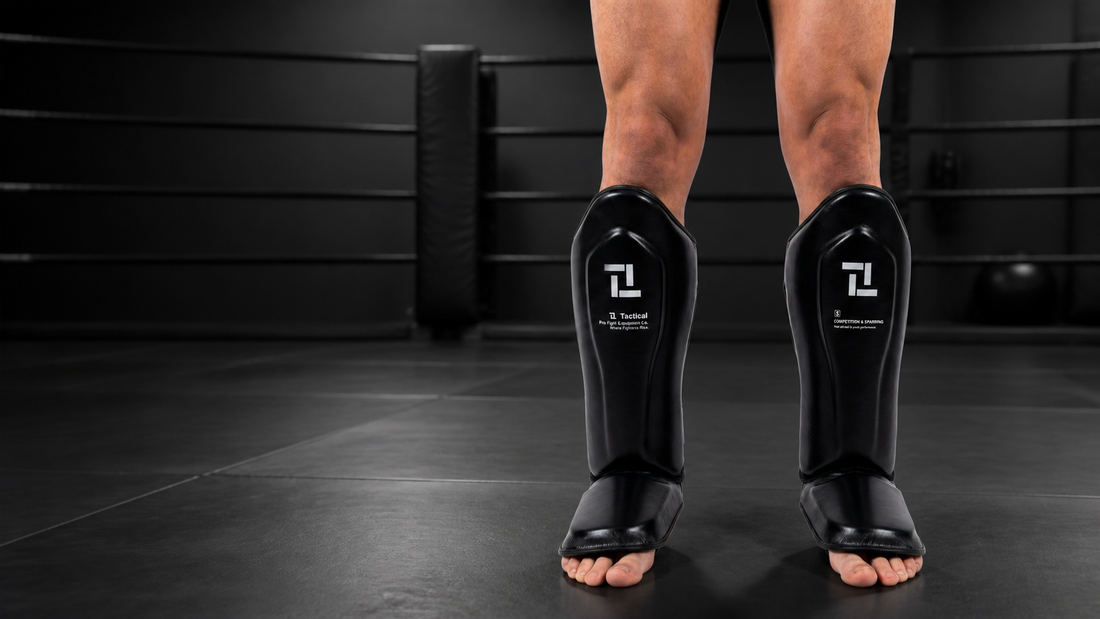 TFW Apex Series scheenbeschermers voor kickboksen en MMA in een donkere gym