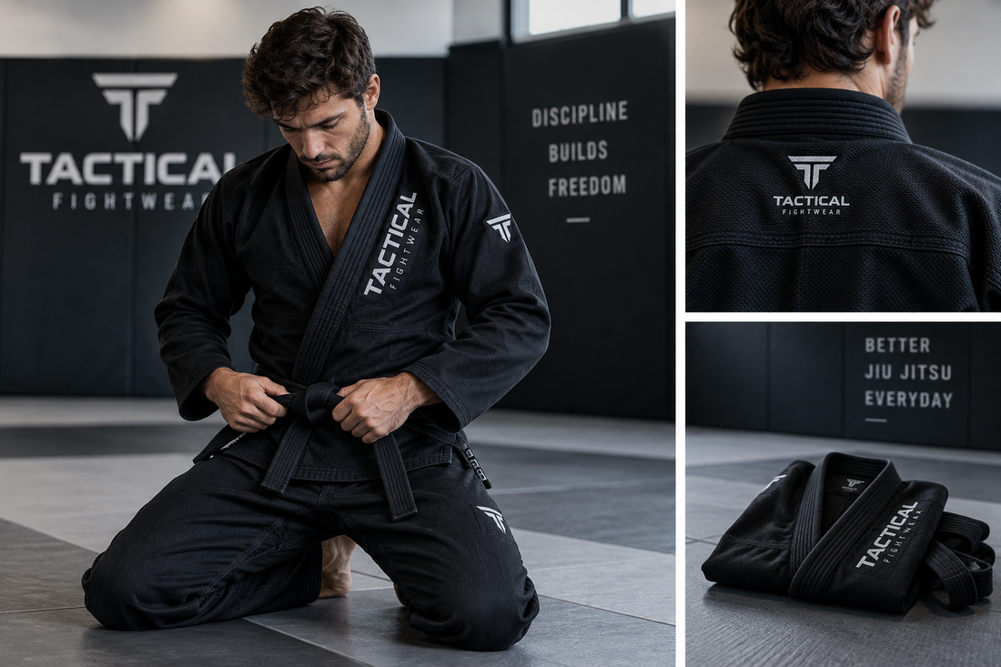 Tactical Fightwear BJJ gi-concept in zwarte uitvoering tijdens het strikken van de band